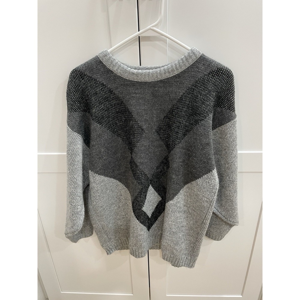 VTG 80s 90s RAVE Geometric Sweater Men's S/M Gray Black Colorblock Retro EUC
